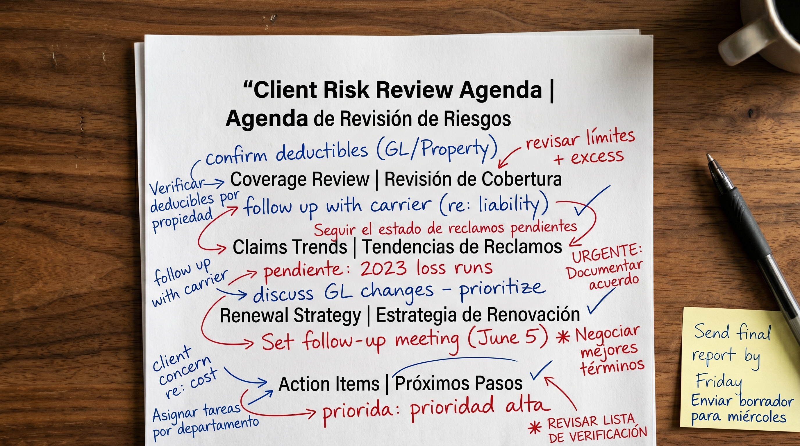 A client risk review agenda annotated by hand in both English and Spanish, in blue and red ink