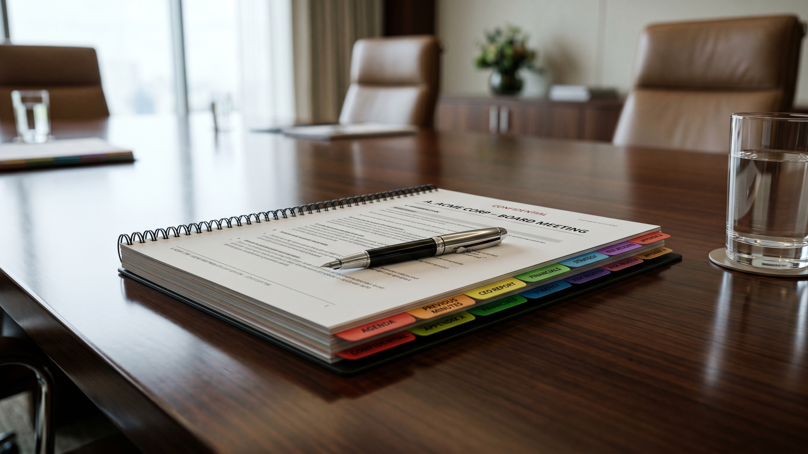 A tabbed board pack open on a polished boardroom table, fountain pen across the page, a glass of water at the edge