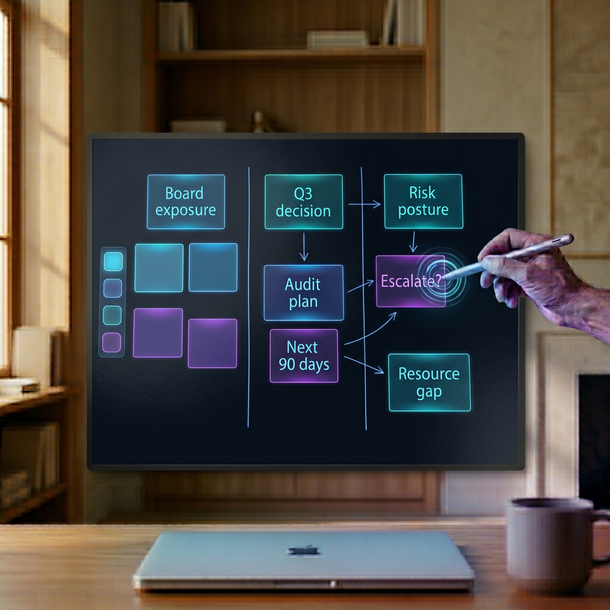A decision map on a display, laptop closed, advisor annotating with a stylus