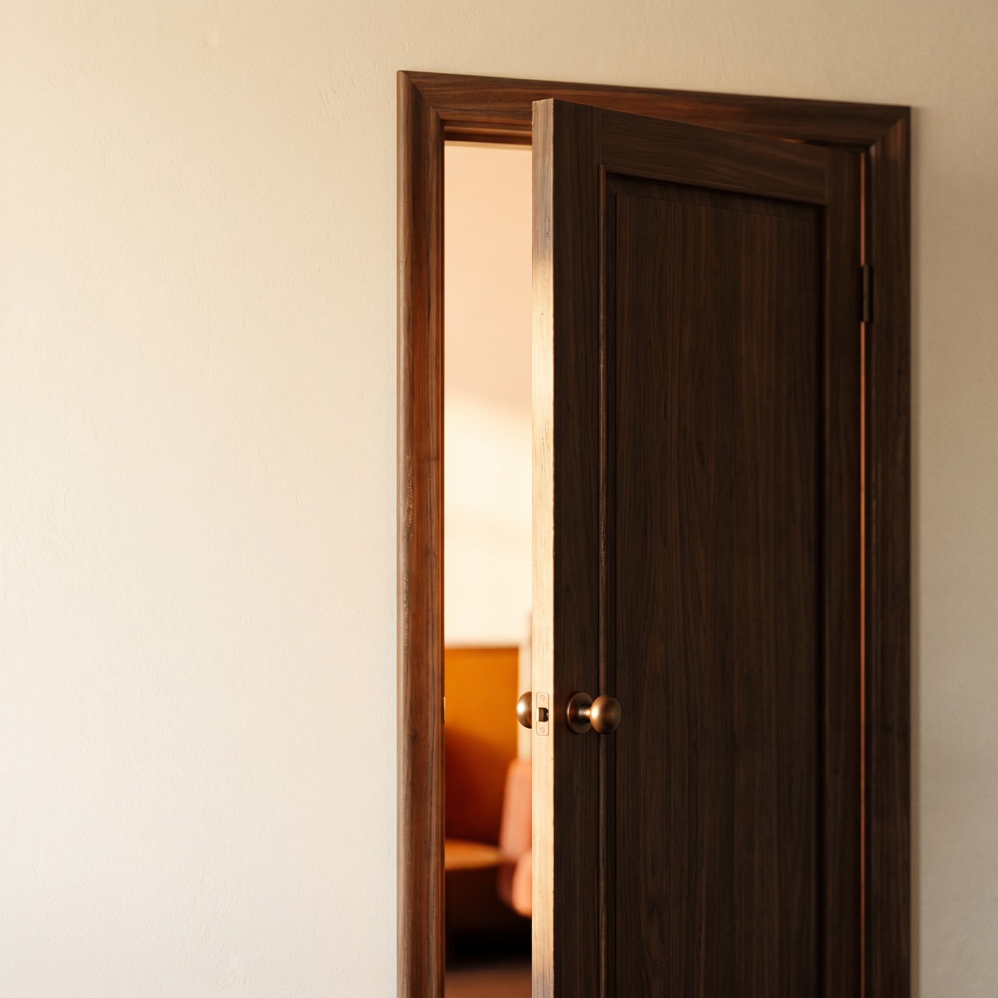 An open walnut door onto a warmly lit room