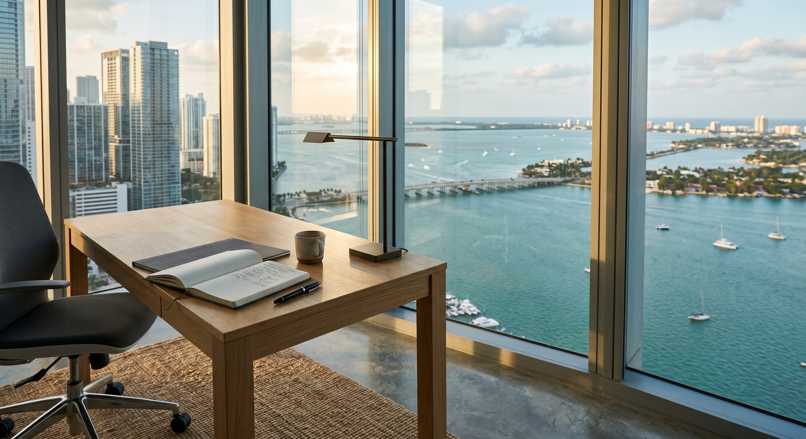 A simple oak desk with a notebook, ceramic mug, and reading lamp set against floor-to-ceiling windows overlooking Biscayne Bay and the Miami skyline