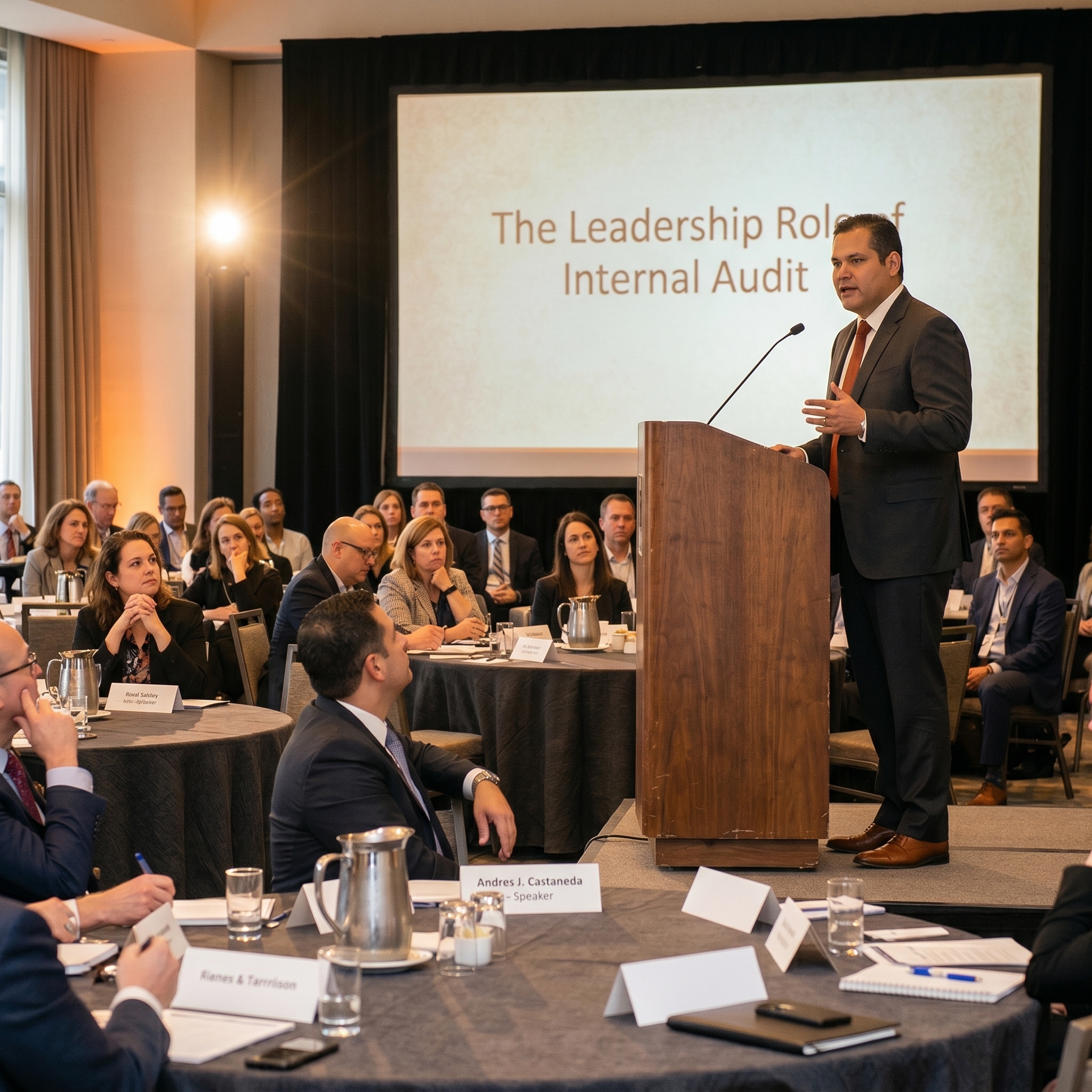 Andrés J. Castañeda speaking at a podium to a seated audience