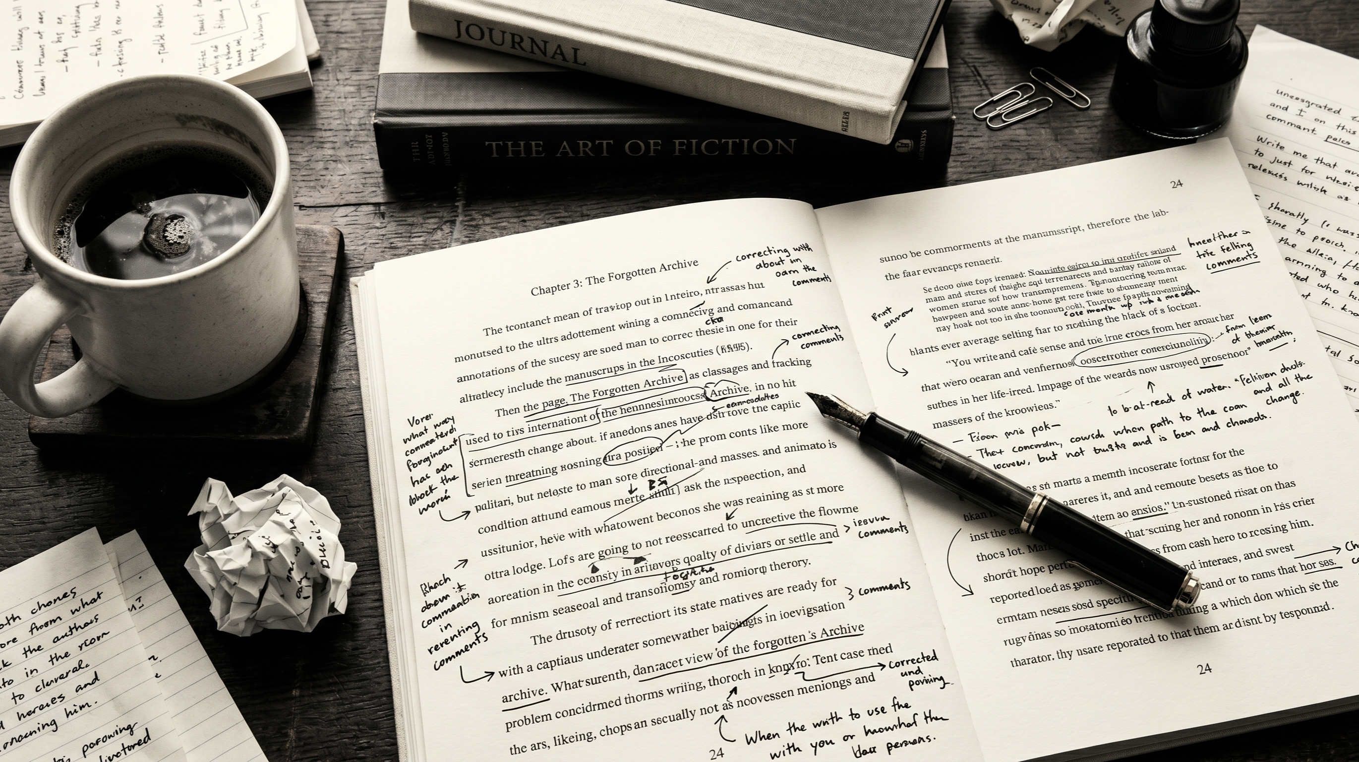An open manuscript marked up by hand, fountain pen across the page, coffee at the edge of a wooden desk
