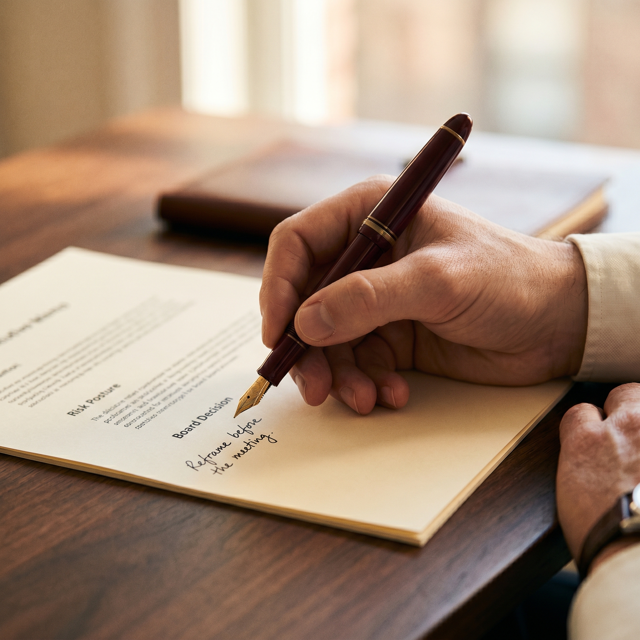 Hand writing notes on a board memo with a fountain pen